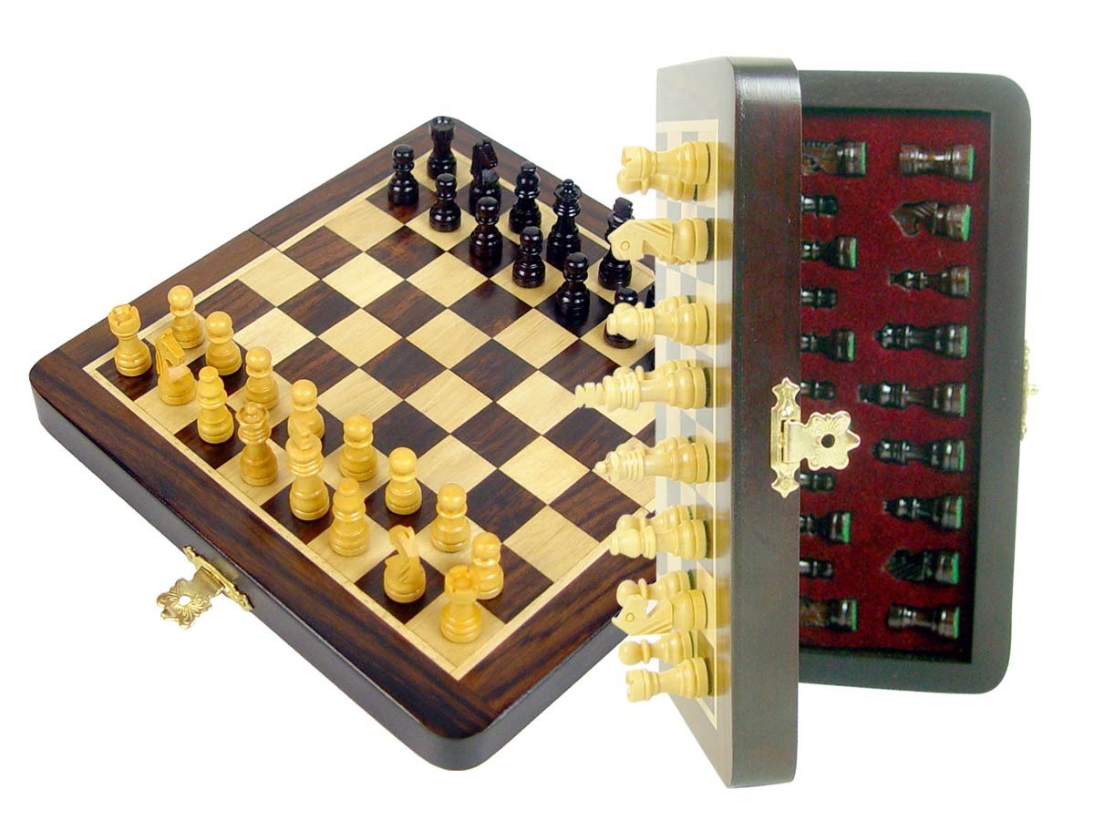 Pocket Magnetic Chess Set Folding 6-1/4" with 2 Extra Queens, Pawns & 4 Extra Knights Rosewood/Maple