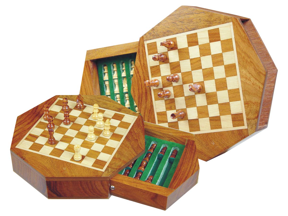 Wood Magnetic Chess Set 6" Octagonal Shape with Drawer Golden Rosewood/Maple
