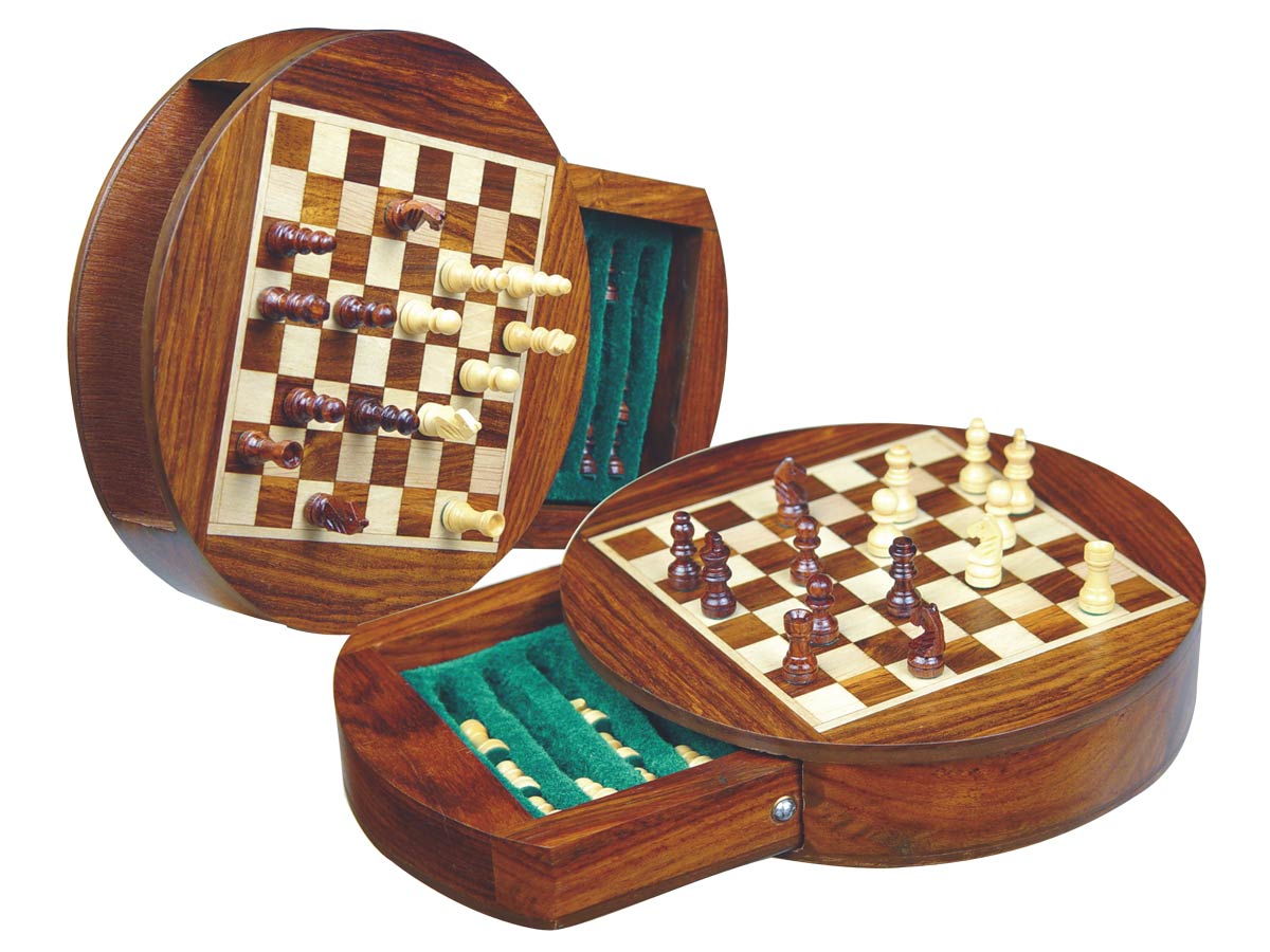 Wood Magnetic Chess Set 6" Round Shape with Drawer Golden Rosewood/Maple