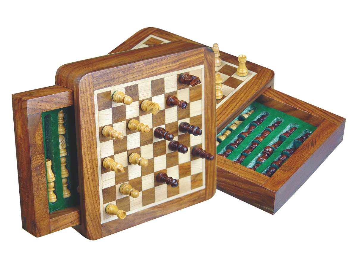 Pocket Magnetic Chess Set 5" with Push Drawer Golden Rosewood/Maple