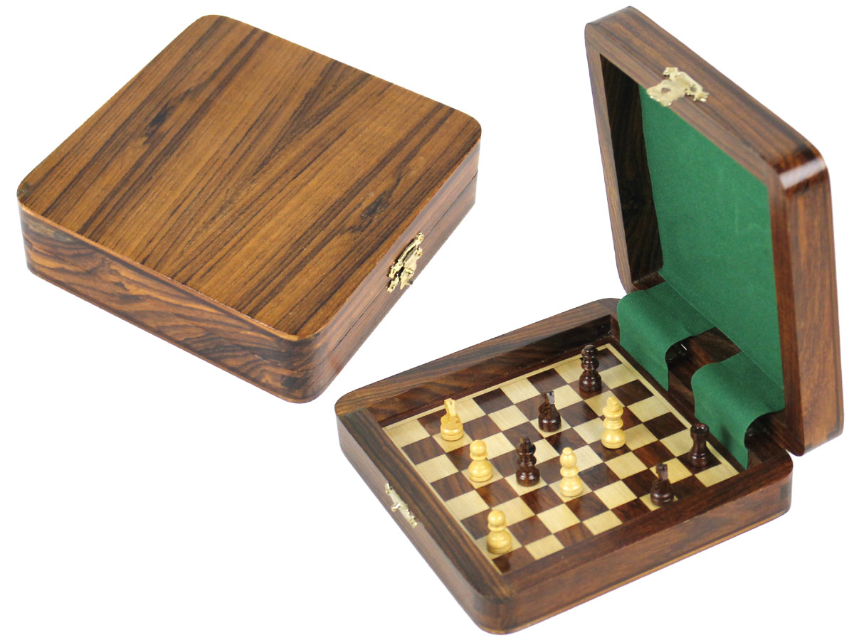 Square Board Inside Magnetic Chess Set 5"x5" and Pieces Golden Rosewood/Maple